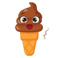 Worried chocolate ice cream cone character with concerned eyes Anxious frozen dessert vector