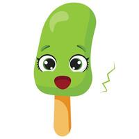 Surprised green ice cream character with open mouth Shocked frozen treat illustration Funny summer dessert graphic with surprised expression vector