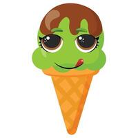 Silly green ice cream cone character with tongue out Playful frozen dessert illustration Funny summer treat graphic with goofy face Adorable fruity snack in a waffle cone vector