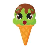Worried green ice cream cone character with chocolate drizzle Anxious frozen dessert illustration Funny summer treat graphic with troubled face Adorable fruity snack in a waffle cone vector