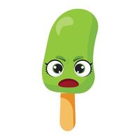 Angry green ice cream character with furrowed brows Irritated frozen treat illustration Funny summer dessert graphic with mad expression vector