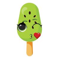 Flirty kiwi flavored green ice cream character with a wink Kissing fruit dessert illustration Funny summer snack graphic with a blowing kiss Adorable green treat with a heart and number three vector