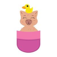 Contented capybara in pocket with rubber duck Adorable rodent in pouch with bath toy Sweet animal in a pocket with duckling Cute pet enjoying playtime graphic vector
