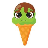 Sad green ice cream cone character with chocolate drizzle Unhappy frozen dessert illustration Funny summer treat graphic with gloomy face vector
