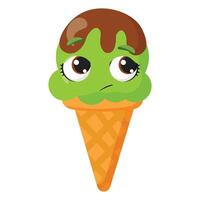 Pleading green ice cream cone character with chocolate drizzle Begging frozen dessert illustration Funny summer treat graphic with hopeful eyes vector