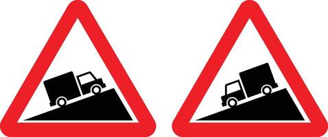 Steep Ascent and Steep Descent warning road sign set. of danger hill caution traffic sign. isolated on white background. two signs showing trucks on a hill vector
