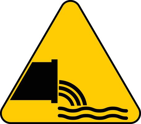 Sewage effluent outfall sign, Flow of discharged water yellow triangle warning sign with a black and white image of a water pipe