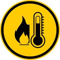 High temperature warning sign. yellow circle sign with fire and thermometer icon inside. Caution symbol isolated on white background. Summer concept. vector