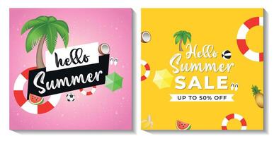 Pink and yellow color hello summer post template vector