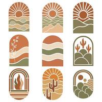 collection of Abstract Sun hil and Boho Elements in a Retro Modern Wall Art Print vector