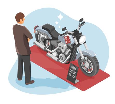 Confident man considering a high-end motorcycle purchase on showroom floor reflecting male spending behavior and lifestyle investment decisions