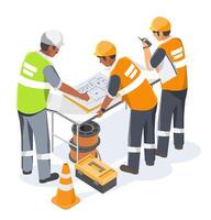 Construction foreman coordinating work plan with electrical technicians at job site using blueprints and equipment layout isometric cartoon vector