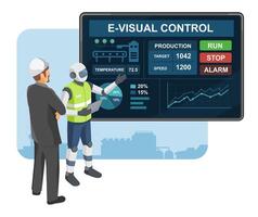 Robot assistant and engineer analyzing real-time production data on a digital dashboard to enhance manufacturing efficiency through smart technology cartoon vector
