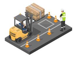 Isometric illustration of forklift operation training with safety cones and supervisor monitoring in industrial warehouse setting vector