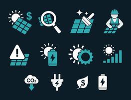 Collection of cartoon style icons illustrating various aspects of solar energy technology, from installation and maintenance to battery storage and eco-friendly power generation vector