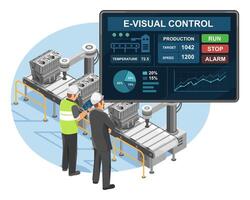 Engineers monitoring automated assembly line using a digital Manufacturing Execution System MES dashboard for real-time production control and performance analysis isometric cartoon vector