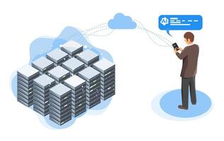 Isometric illustration showing the backend infrastructure of AI, with massive data servers processing information and transmitting intelligent responses vector