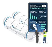 engineers analyzing infographic on hydrogen energy efficiency and fossil fuel reduction near hydrogen storage tanks vector