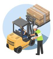 Forklift operator training session with instructor guiding license examination process in a warehouse safety environment isometric isolated vector