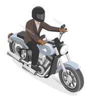 isometric Businessman riding a classic cruiser motorcycle at high speed, wearing a helmet and formal suit, symbolizing freedom and power in motion vector