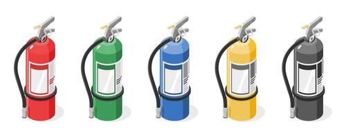 Isometric illustration of five color coded fire extinguishers representing different fire classes and safety purposes on white background cartoon vector
