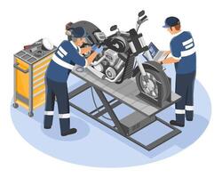 Motorcycle maintenance with digital diagnostics by two technicians in a workshop using modern tools and laptop on a lifting platform isometric vector