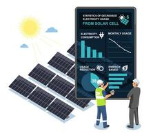 Industrial engineers analyzing solar panel data on a smart dashboard to optimize energy efficiency and reduce electricity costs with renewable energy investment vector