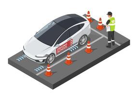 Isometric illustration of a driving school car performing parking test maneuver with instructor monitoring on a closed practice course vector