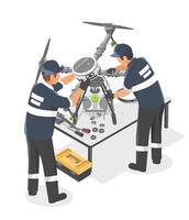 Drone technicians assembling and maintaining industrial UAVs, representing emerging careers in advanced aerial technology and unmanned systems operations isometric vector