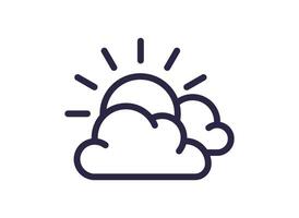 Minimal line art icon of sun and clouds. Clear sky with partly cloudy weather forecast on white background simple linear flat illustration. vector