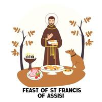St. Francis of Assisi feast day with saint figure, food table, and autumn setting vector