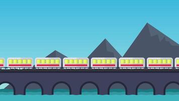 Animated train crossing a bridge with mountains in background video