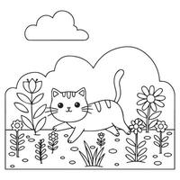 Smiling Cat Outline Art Surrounded by Nature and Butterflies for Children vector