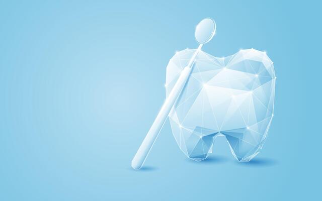Digital Tooth with Dental Mirror on Blue Background