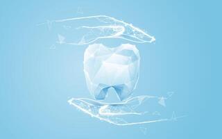 Digital Hands Protecting a Polygonal Tooth on Blue Background vector