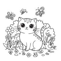 Cute Cat Line Drawing Sitting in Flower Garden with Peaceful Expression vector