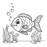 Kids Coloring Page with Playful Fish Outline and Happy Fish Drawing Set Scene vector
