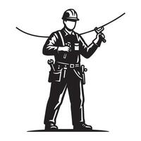 Hardworking electric utility pole technician art using climbing belt vector