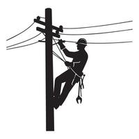 High voltage line worker silhouette operating on transmission pole at height vector