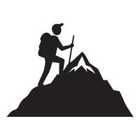Mountain Climber Silhouette with Backpack Standing on Cliff in Wild Terrain vector