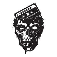 Horror skull cassette art showing terrifying undead with vintage tape player vector
