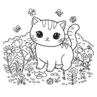 Smiling Cat Outline Art Standing on Grass with Flowers and Happy Pose vector