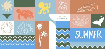 Summer geometric banner background with shell,squid,turtle,fish tail. graphic for horizontal design vector