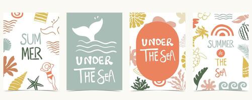 Summer groovy background with fish tail,sea,under the sea. graphic for a4 vertical design vector