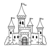 Fantasy Castle Drawing with Towers and Flags in Black and White Coloring Style vector