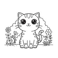 Cartoon Cat Coloring Art in Garden Scene with Flowers and Happy Expression vector