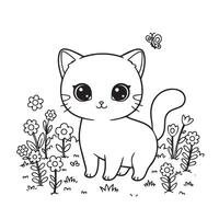 Cute Cat Line Drawing with Whiskers and Flower Field for Printable Pages vector