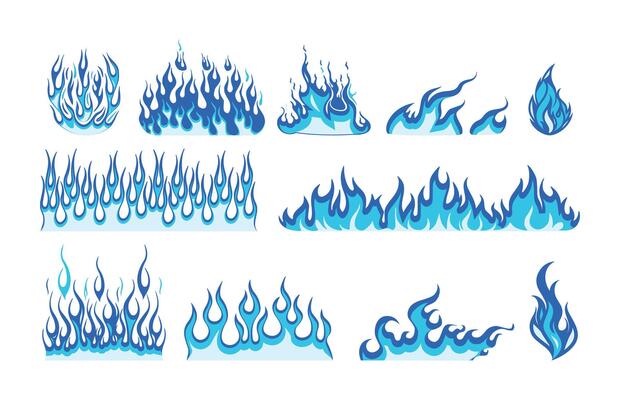 Flat design set showing blue colored fire icons