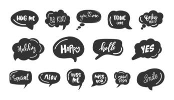 Monochrome hand drawn speech bubbles with black text vector