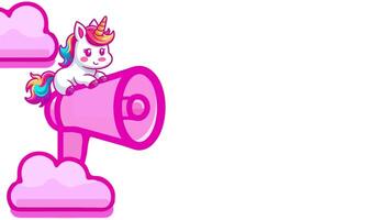a cute unicorn is sitting on top of a pink megaphone, 2d looping animation video